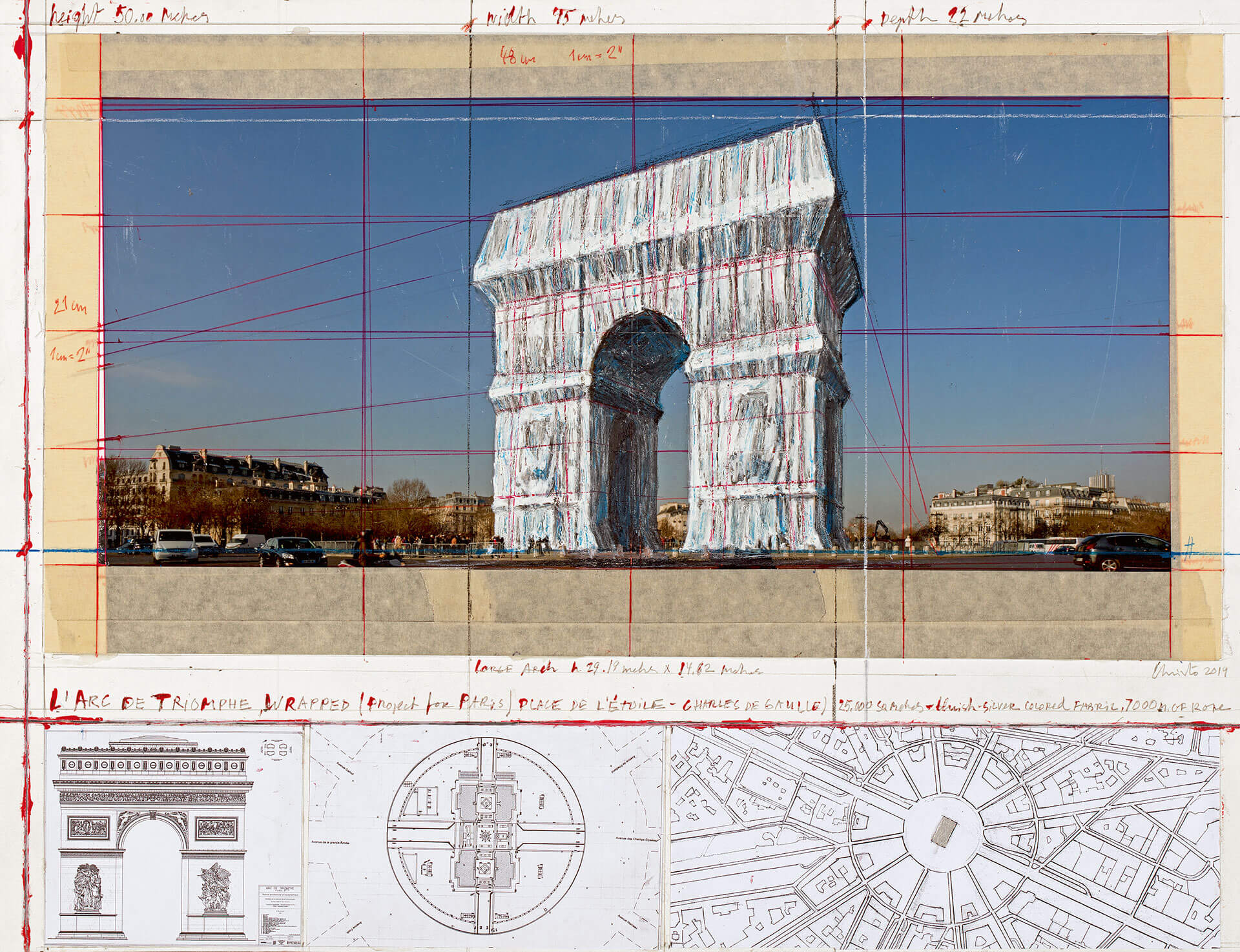 The collage L’Arc de Triomphe, Wrapped (Project for Paris) Place de l’Étoile—Charles de Gaulle from the Würth Collection, Inv. 18.389, offers a unique view of this ultimate project by Christo, who passed away in May 2020. His team will be responsible for the project involved in wrapping Paris’s Arc de Triomphe in fabric in 2021.